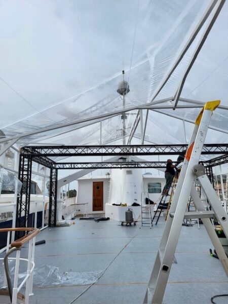 Yacht crystal awning Cannes congresses - hot-stretched transparent cover on professional yacht at Cannes Port for MIPIM MIPCOM Festival elegant event protection