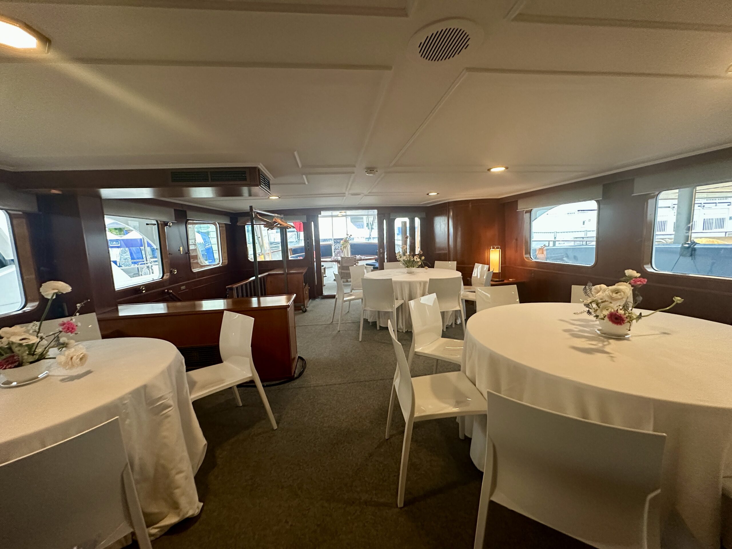 Configured deck of a corporate yacht in Cannes ready for a VIP guest rotation